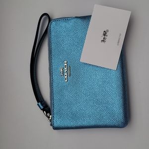 Coach Metallic Blue Leather Wristlet